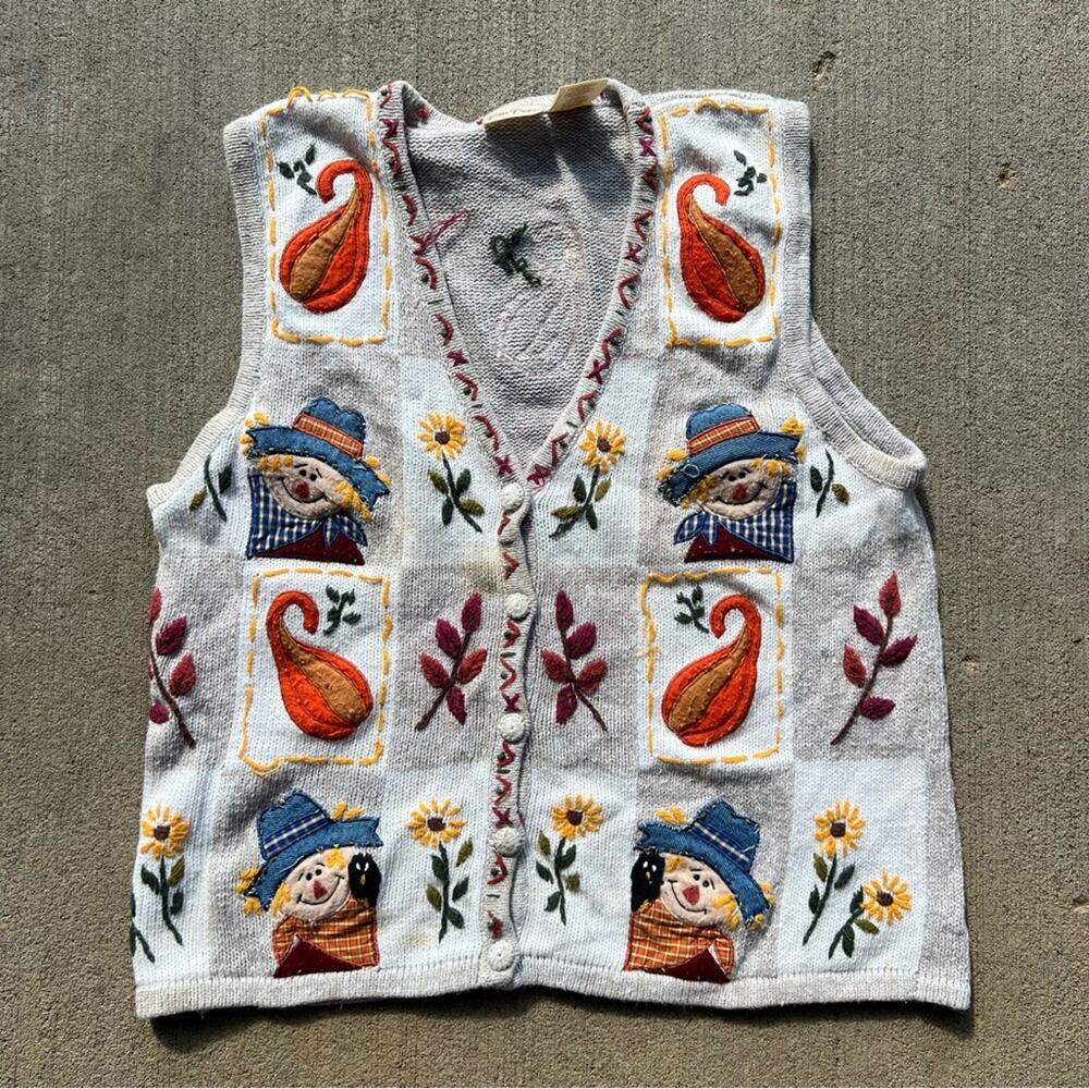 Vintage Fall Scarecrow Squash Pumpkin Knit Sweater Vest Patchwork Sampler LARGE